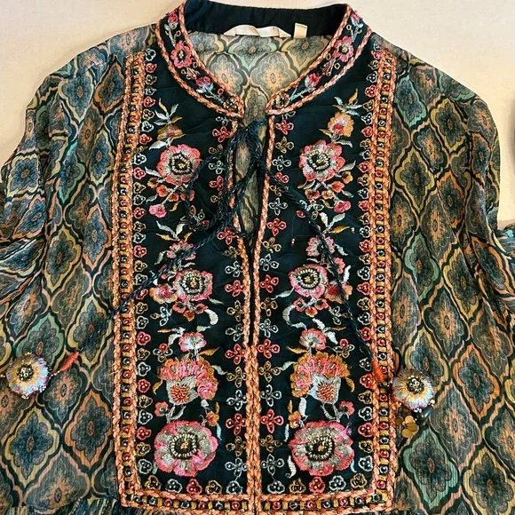 Soft Surroundings L/S Embroidered Embossed Emerald Shira Peasant Blouse Sz 3X - Picture 8 of 14